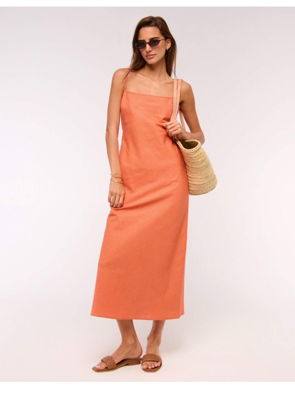Abercrombie & Fitch linen Coral-Orange Midi Slip Dress sz large petite